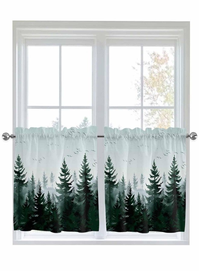 Jolunifun Pine Tree Forest Kitchen Curtain 36 Inch Length Small Short Cafe Tiers Curtains Drape, 2 Panel Window Treatment Rod Pocket Drapery Panels Curtains, Green Landscape Nature Decor 55x36 - Image 1